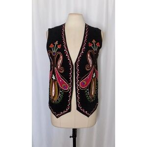 Vintage EREZ LEVY Embroidered Leather Vest Paisley Floral Boho Folk Art Large